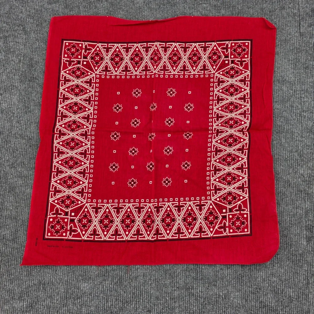 Vintage Red Cotton Bandana Made in USA Geometric Floral RN 15898 Western Scarf